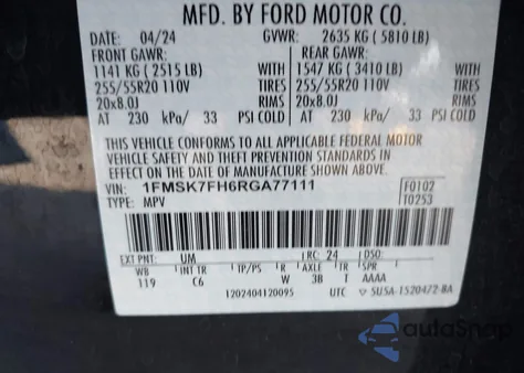 2024 Ford Explorer Limited from USA, damaged, VIN 1FMSK7FH6RGA77111